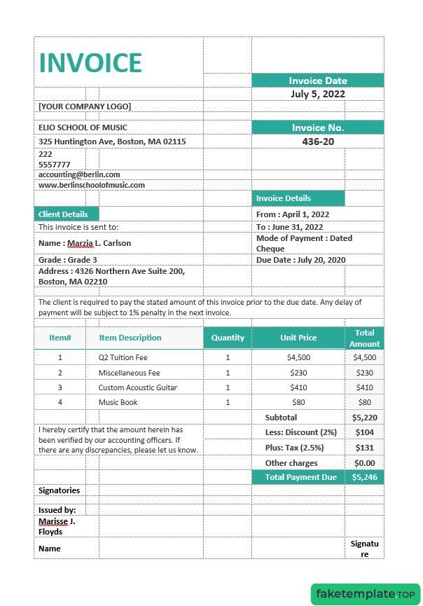 Feature of fake Music School invoice example